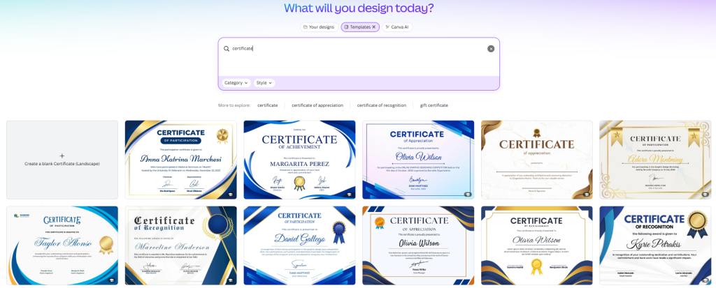 Searching Certificate Template in Canva